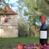 Bouteille de vin rouge cuvée Ambroisie par Terre Vieille millésime 2019 posée sur des feuilles mortes de couleur rouge avec en arrière plan des arbres et un pigeonnier du Périgord en tuile plate avec volet rouge