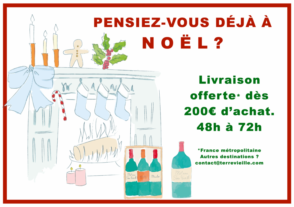 Illustration de Noël avec une cheminée décorée, des chaussettes suspendues et des bougies, accompagnée d’un coffret de vins et d’une bouteille Château Terre Vieille, avec un message promotionnel indiquant la livraison offerte à partir de 200€ d’achat.
